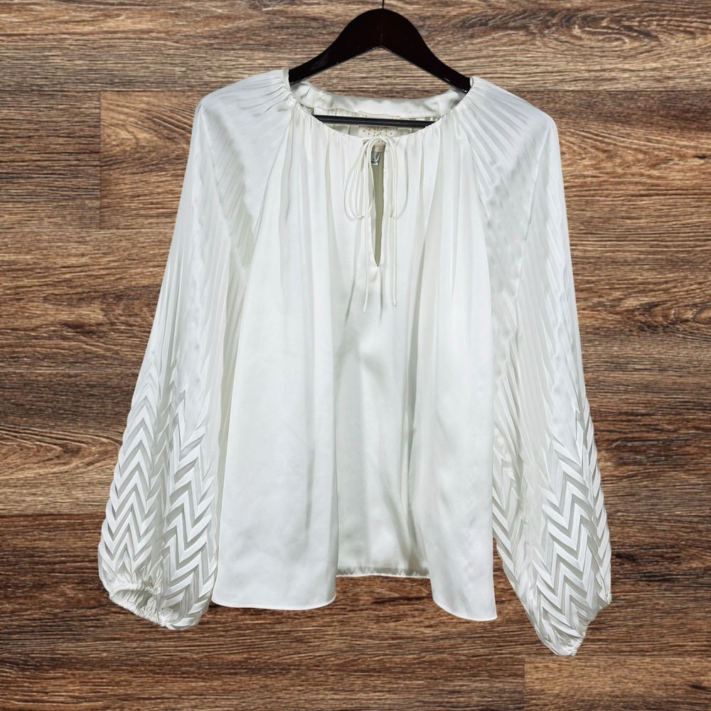Johnny Was Jade Gemma Pleated Sleeve Blouse Womens L Ivory Flowy Satin‎ Chic